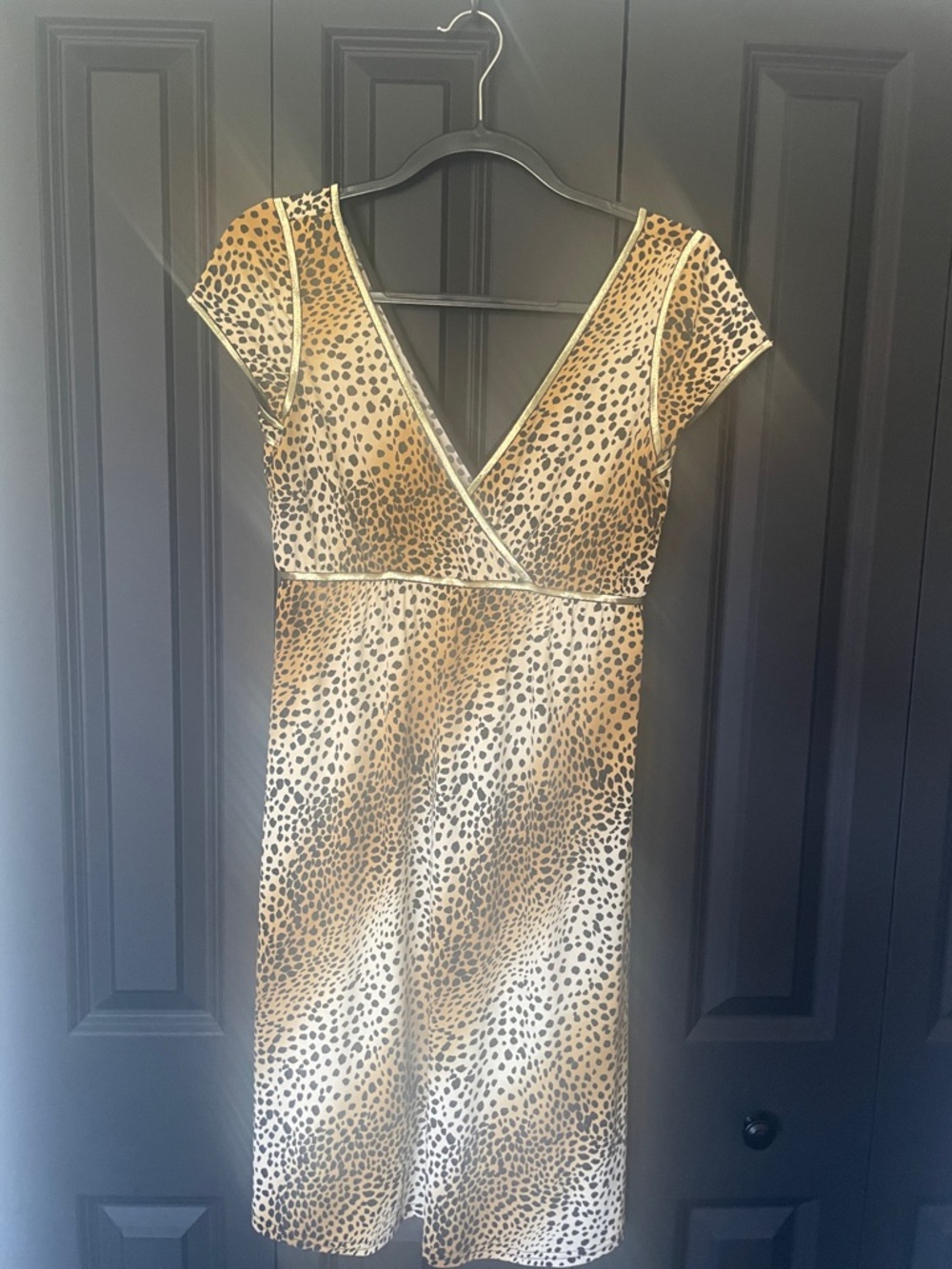 Joseph Ribkoff Leopard-Print V-Neck Dress in Tan and Black with gold trim